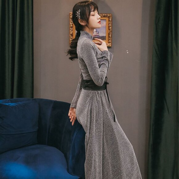 Metallic Silver Glitter Midi Women Dress - Picture 5 of 5